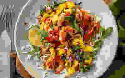 Chilli and lime prawns with mango chutney