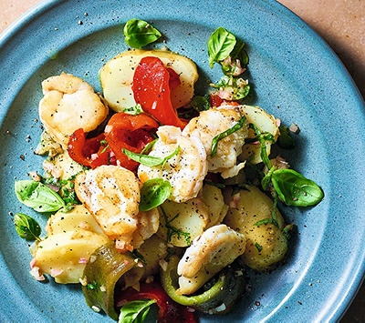 Pan-fried fish with grilled pepper & potato salad