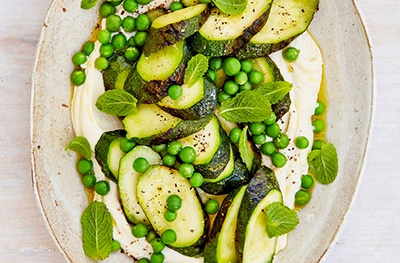 Whipped miso tofu with courgette, pea and mint