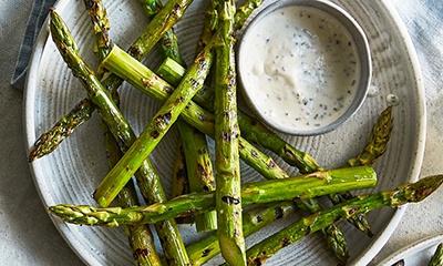 Griddled asparagus with ranch-style dip