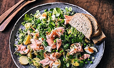 Roast salmon salad with eggs and watercress