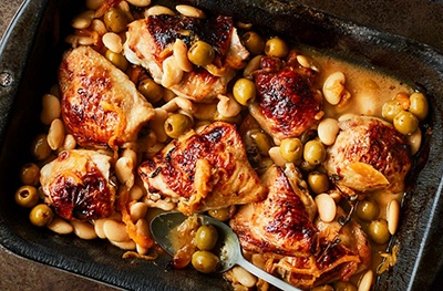 Chicken with olives, chorizo and butter beans