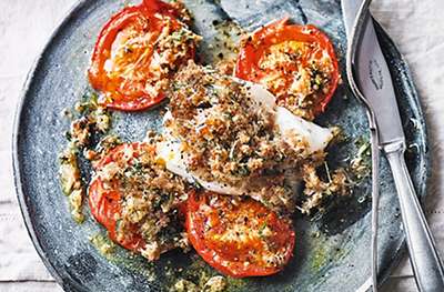 Baked cod with rye crumbs, crab, tomatoes & dill