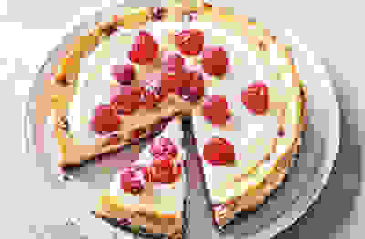 Baked raspberry, white chocolate & lemon cheesecake