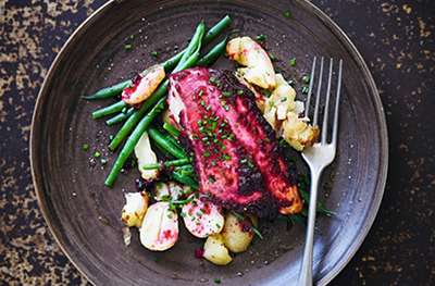 Beetroot baked chicken with roast potatoes