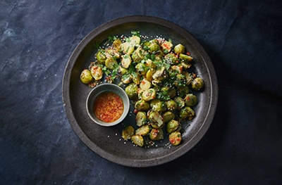 Charred sprouts with ginger-soy dressing 