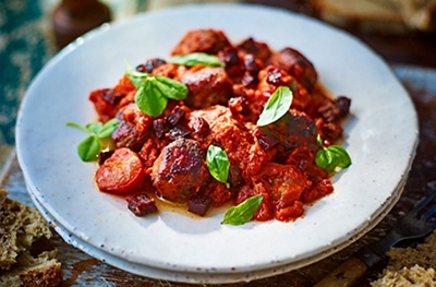 Chicken and chorizo meatballs with tomato pepper sauce