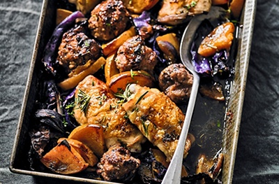 Chicken & sausage traybake with red cabbage & rosemary