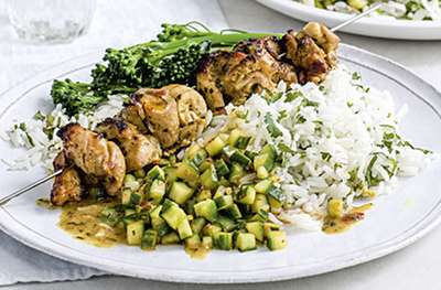 Coconutty chicken skewers with pickled cucumber