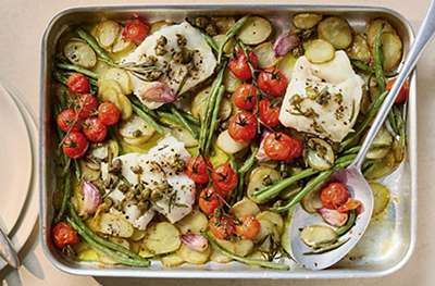 Cod & geen bean traybake with crispy capers