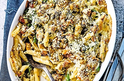Crunchy topped roasted squash, broccoli & blue cheese pasta
