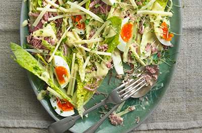 Farmhouse salad with ham, soft-boiled eggs, gruyère cheese and home-made salad cream