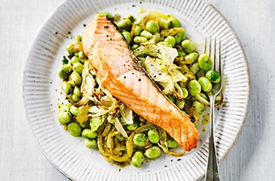 Fennel roasted salmon with spicy broad beans