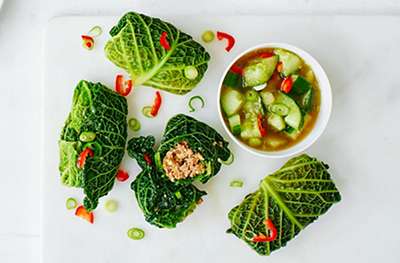 Gochujang pork-stuffed cabbage leaves with smashed cucumber