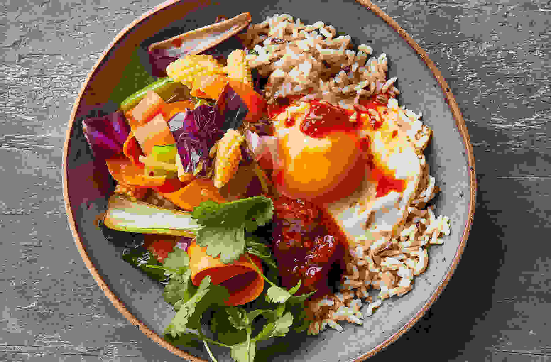 Grain Bowl With Stir-fried Ginger Vegetables, XO Sauce & Crispy Egg