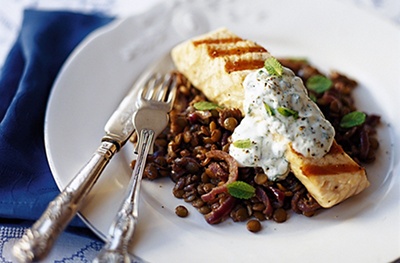 Griddled Salmon Fillets with Spicy Lentils