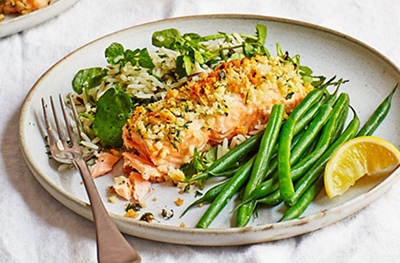 Herb-crusted salmon and wild rice