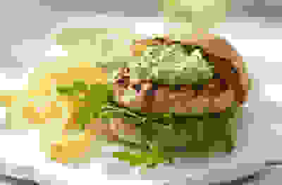 Homemade chicken burgers with avocado mayo