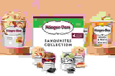 Haagen-Dazs honey & peach flavoured sorbet, salted caramel flavoured ice cream and a pack of 4 mini cups