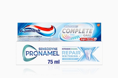 Sensodyne Pronamel Intensive Repair toothpaste and Aquafresh Whitening Complete Care
