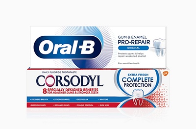 Corsodyl Complete Protection toothpaste and Oral-B Gum & Enamel Repair toothpaste