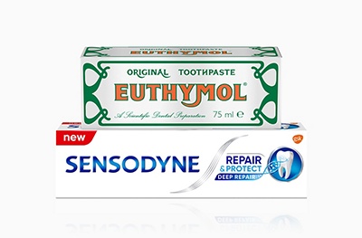 Sensodyne Repair and Protect toothpaste and Euthymol toothpaste