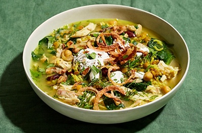 Iranian-style green lentil, chicken and herb soup