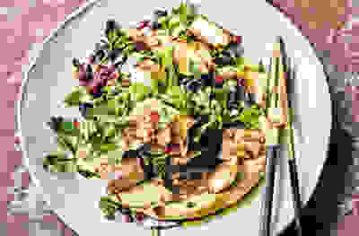 Kale, halloumi & crispy pitta salad with roasted carrot yogurt