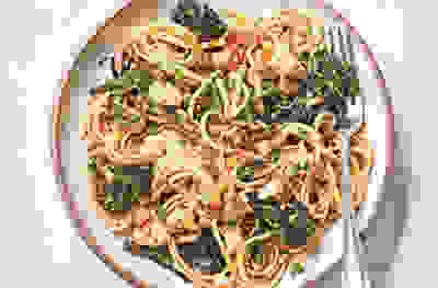 Linguine with spice-roasted broccoli & manouri