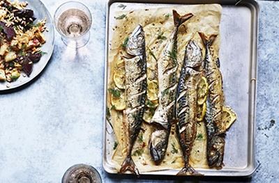 Roasted mackerel with beetroot, celeriac & spelt salad