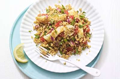 Mediterranean-style pan-fried cheese with minty couscous salad - new recipe