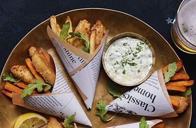 Mini fish & chips with rocket & caper mayo