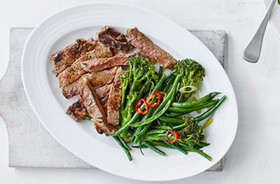 Miso-glazed steak with chilli and lime greens
