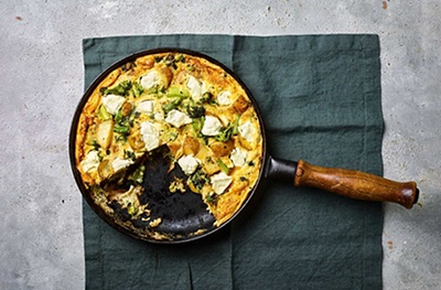 Purple sprouting broccoli & goat's cheese frittata