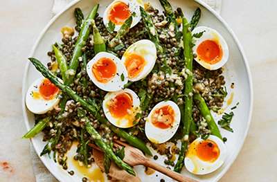 Puy lentil, asparagus & soft-boiled egg salad