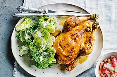 Roast chicken with pickled rhubarb & dill-dressed leaves