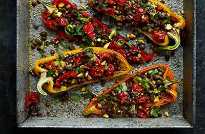 Roasted Romano peppers with puy lentils