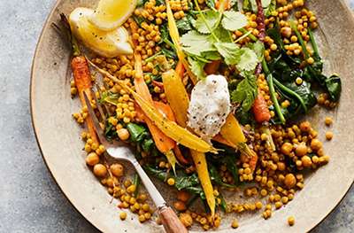 Roasted carrot and chickpea couscous with whipped vegan ‘feta’