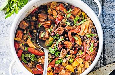 Roasted pepper & mixed bean stew with harissa