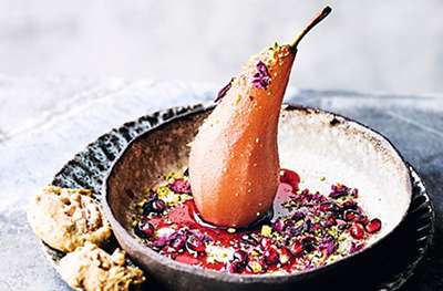 Rose-poached pears with walnut cookies