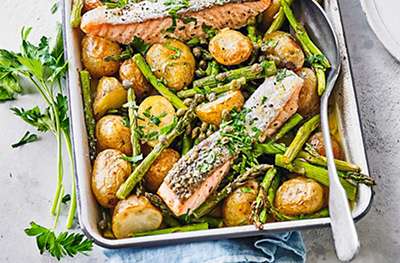 Salmon, asparagus & new potato bake