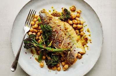 Sea bass with chermoula-dressed chickpeas