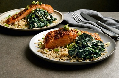 Shichimi togarashi baked trout with tahini spinach
