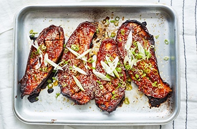 Sichuan soy and chilli roasted aubergines