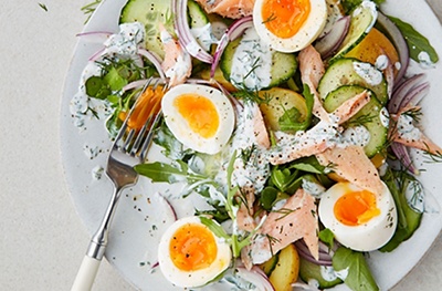 Smoked trout salad with boiled eggs