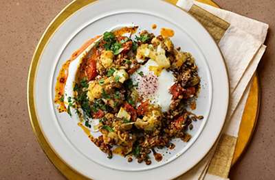 Smoky grains with eggs & harissa butter