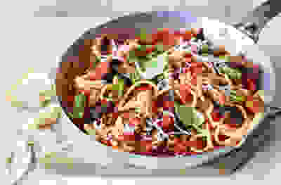 Spaghetti with tomato and aubergine sauce