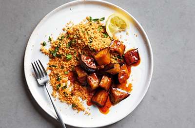 Spiced honeyed aubergines with harissa couscous