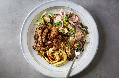 Spiced lamb with home-made houmous