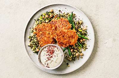 Spicy carrot fritters with tzatziki
